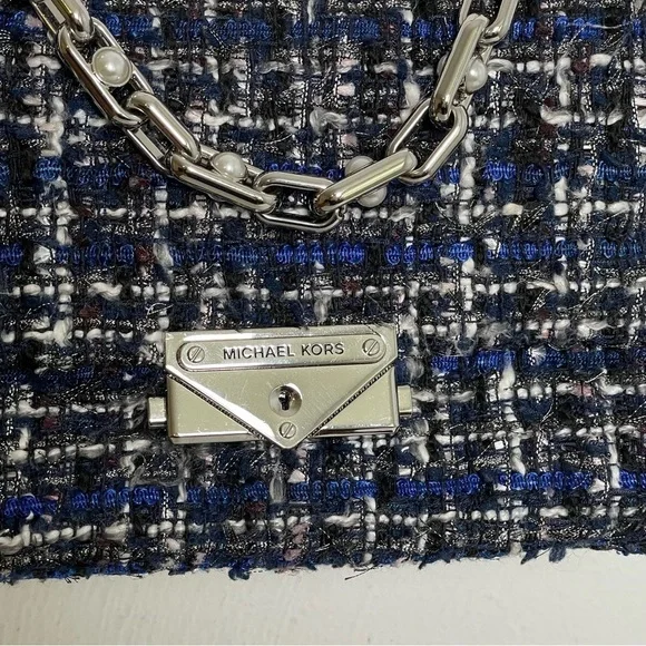 MICHAEL KORS Cece Tweed Small Shoulder Crossbody Satchel Bag Silver Chain Luxury - Picture 4 of 17